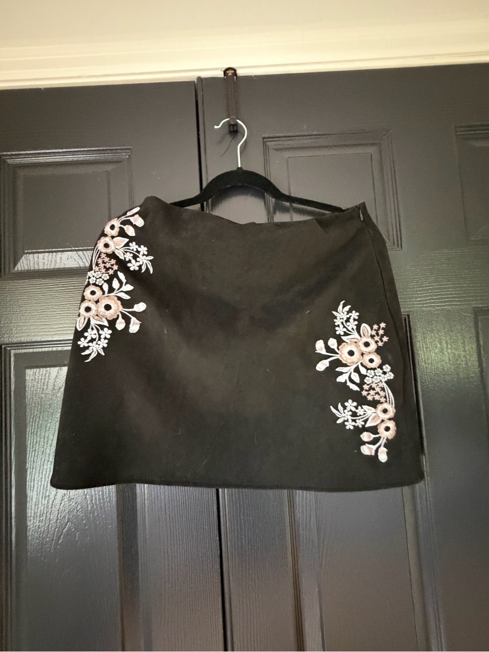 Embroidered Black Mini Skirt with Pink Floral Accents